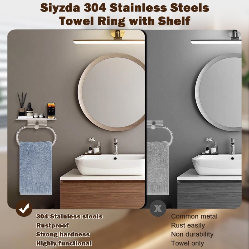 Siyzda Hand Towel Ring with Shelf  304 Stainless Steel Hand Towel Holder  Heavy Duty Bath Accessories  Wall Mounted Towel Hanger for Bathroom Kitchen (Brushed Nickel) - Image 3